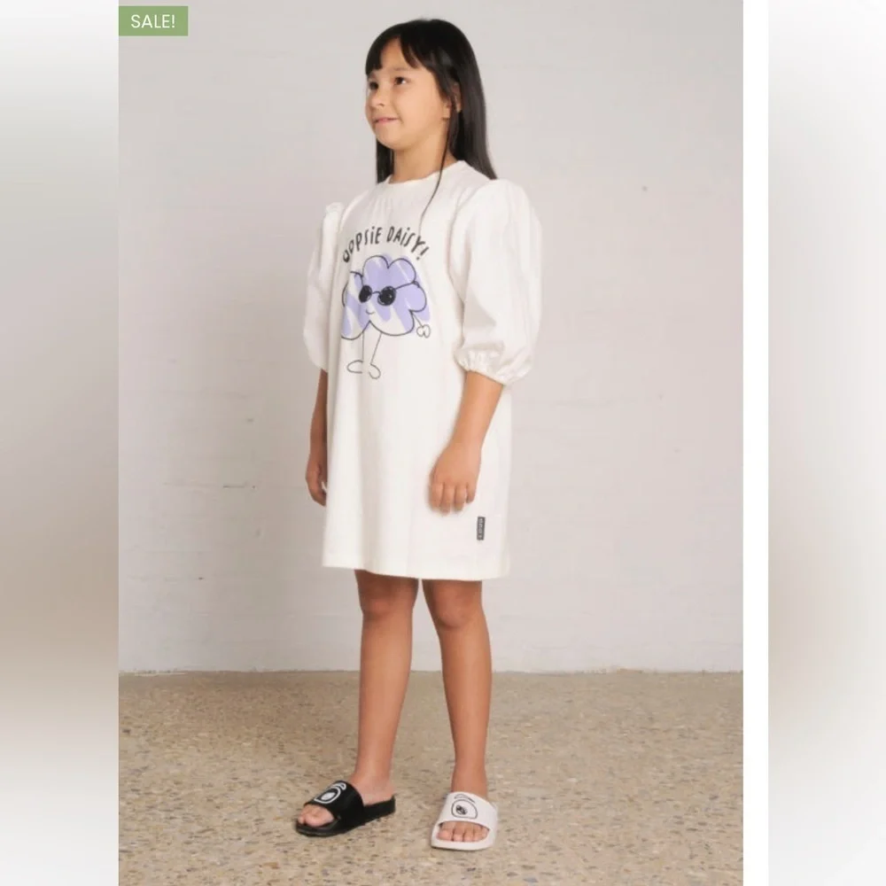 LOUD APPAREL Organic Cotton Girls White Puff Sleeve “Oopsie Daisy” Dress Size 14